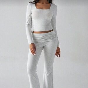 Two Piece Grey Long Sleeve Top and Flared Pants Set